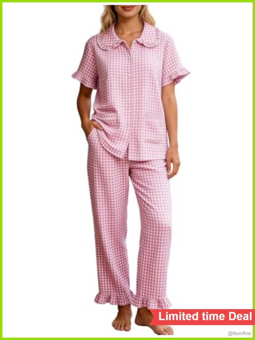 Womens Gingham Cotton Pajama Set Ruffle Short Sleeve Button Down Lounge 2 Piece